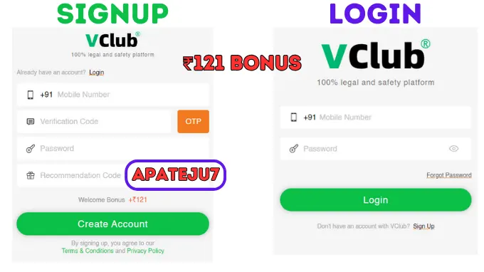 vclub sigup and login page details